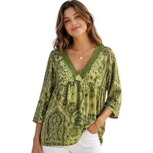 Women XL Boho Green Ethnic Print Tunic Blouse Indian Inspired Summer Top chic